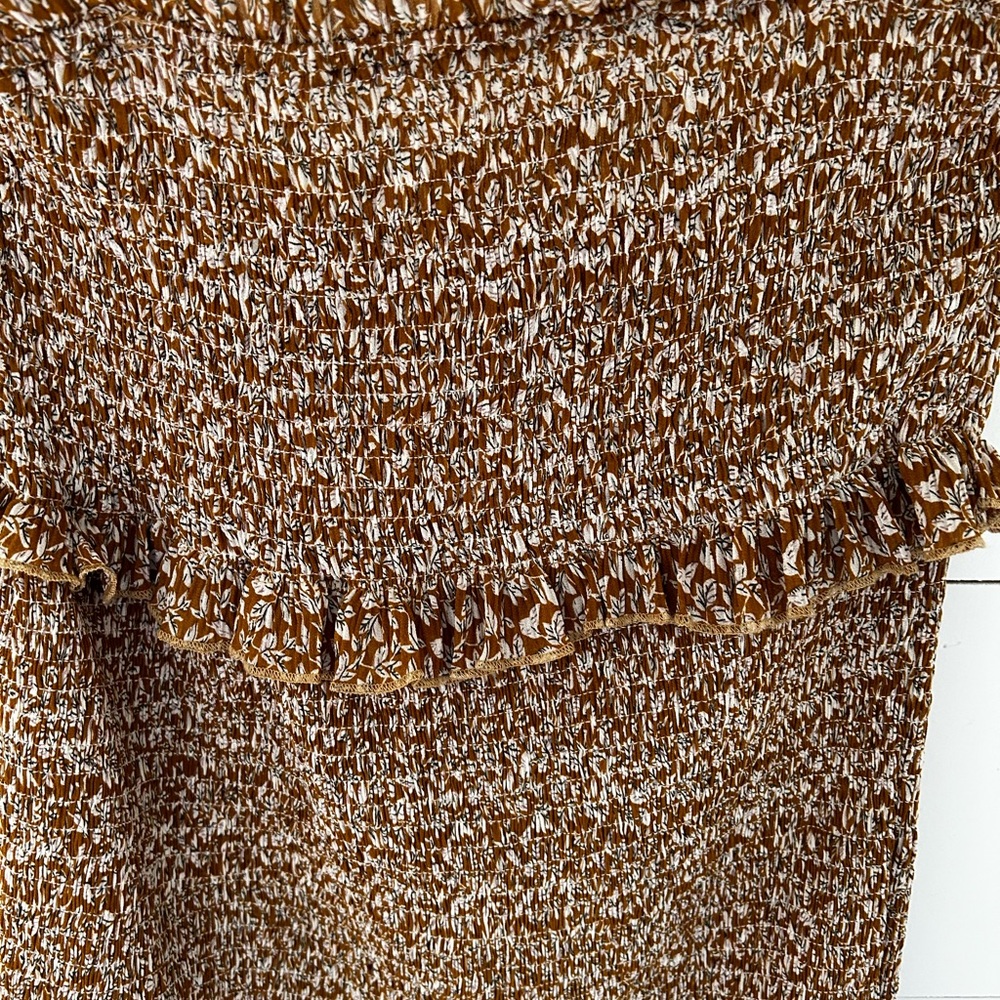 Smocked Ruffle Midi Dress in Brown Multi - Picture 3 of 6